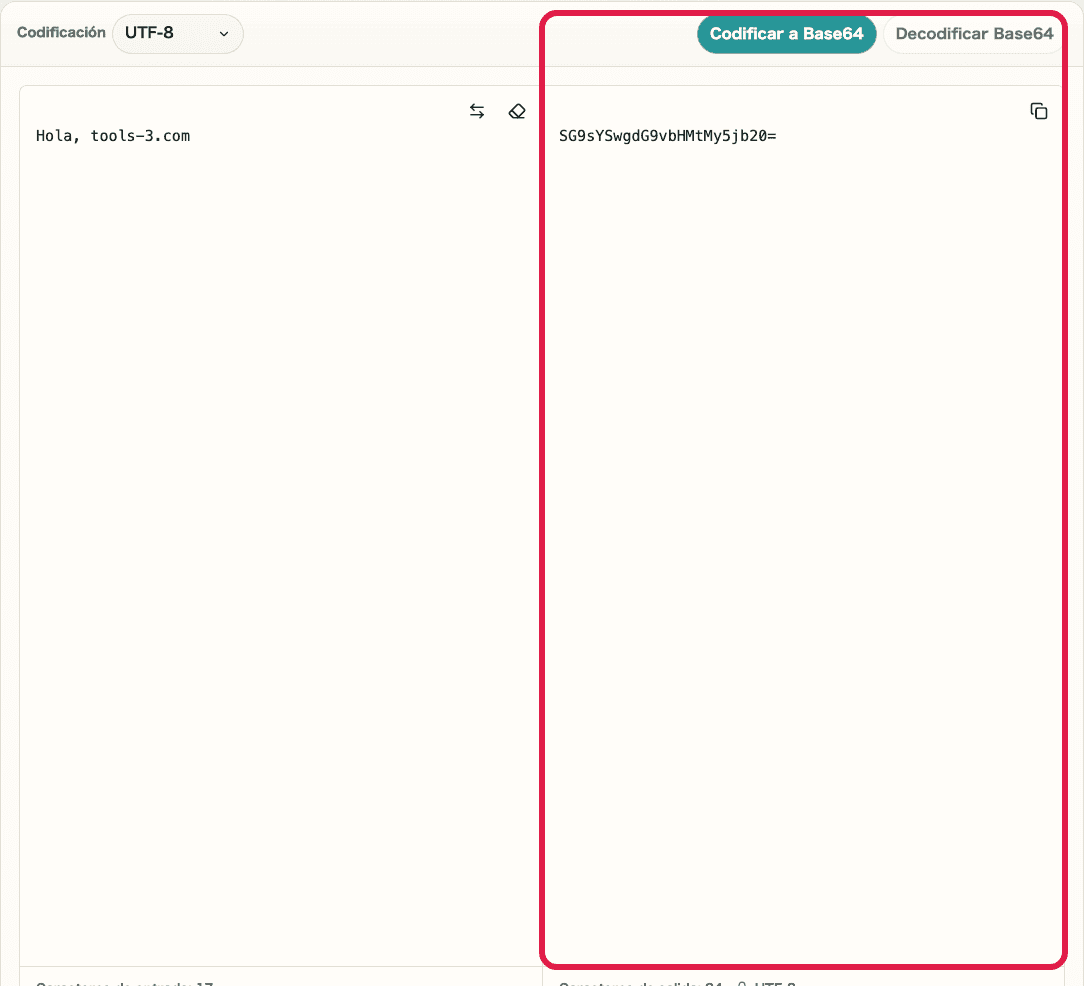 Imagen recortada de Codificar / Decodificar Base64 mostrando el panel de entrada, el panel de resultado y las acciones de conversión