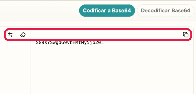 Vista recortada de la acción de intercambio y el icono de copiar resultado en Codificar / Decodificar Base64