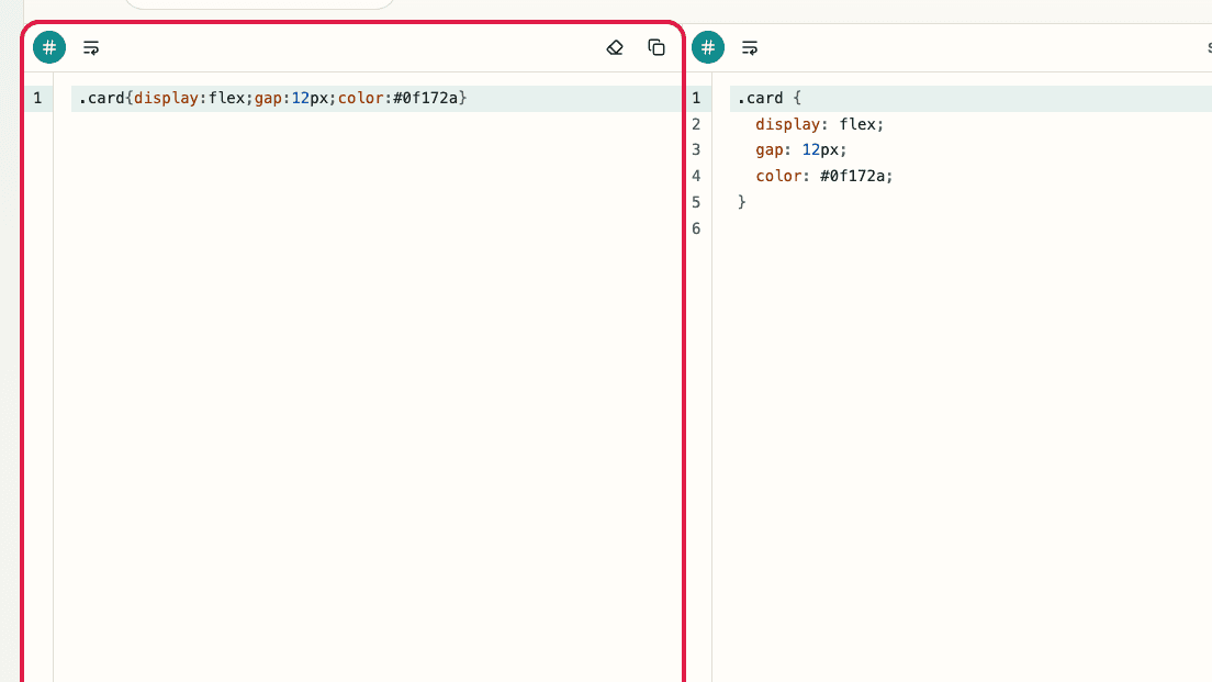 Pantalla que muestra Zona de modo de formato y entrada de código en Formateador CSS