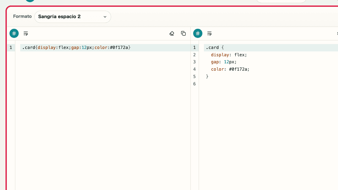 Pantalla que muestra Zona de formateo y compresión en Formateador CSS