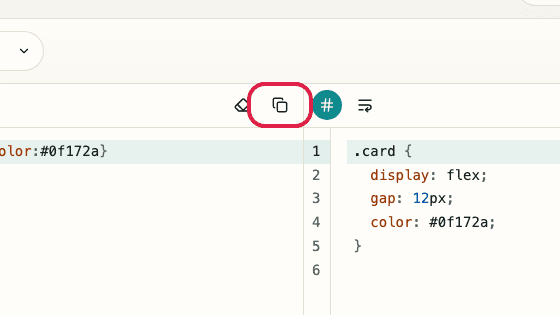 Pantalla que muestra dónde usar Copiar entrada en Formateador CSS
