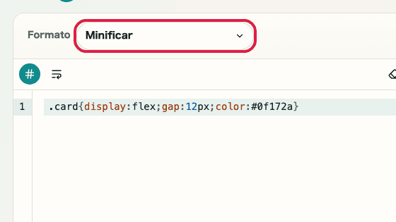 Pantalla que muestra dónde usar Modo de compresión en Formateador CSS