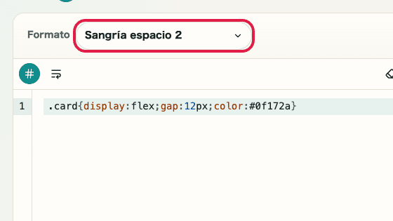 Pantalla que muestra dónde usar Modo de formato en Formateador CSS