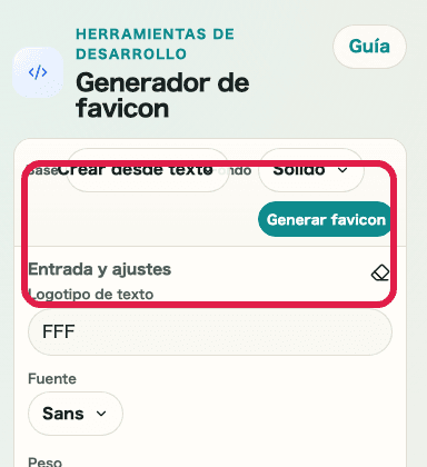 Vista móvil del selector de base en el generador de favicon