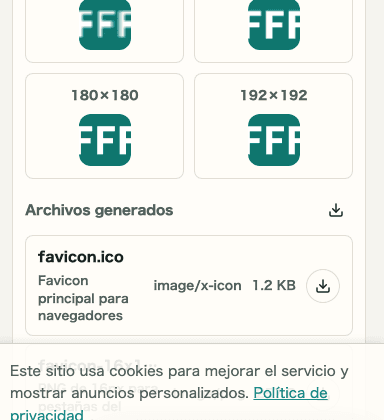 Vista móvil de la lista de archivos en el generador de favicon