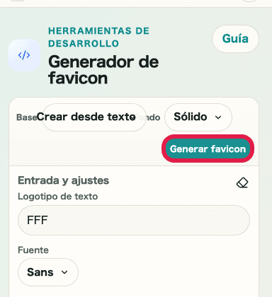 Vista móvil del botón generar en el generador de favicon