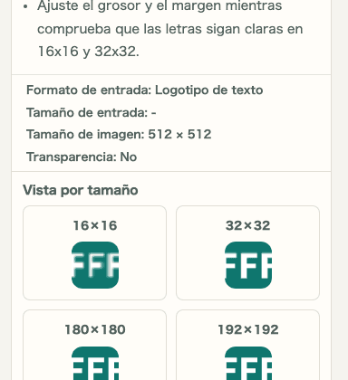 Vista móvil de las vistas por tamaño en el generador de favicon