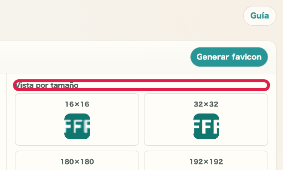 Vistas por tamaño en el generador de favicon
