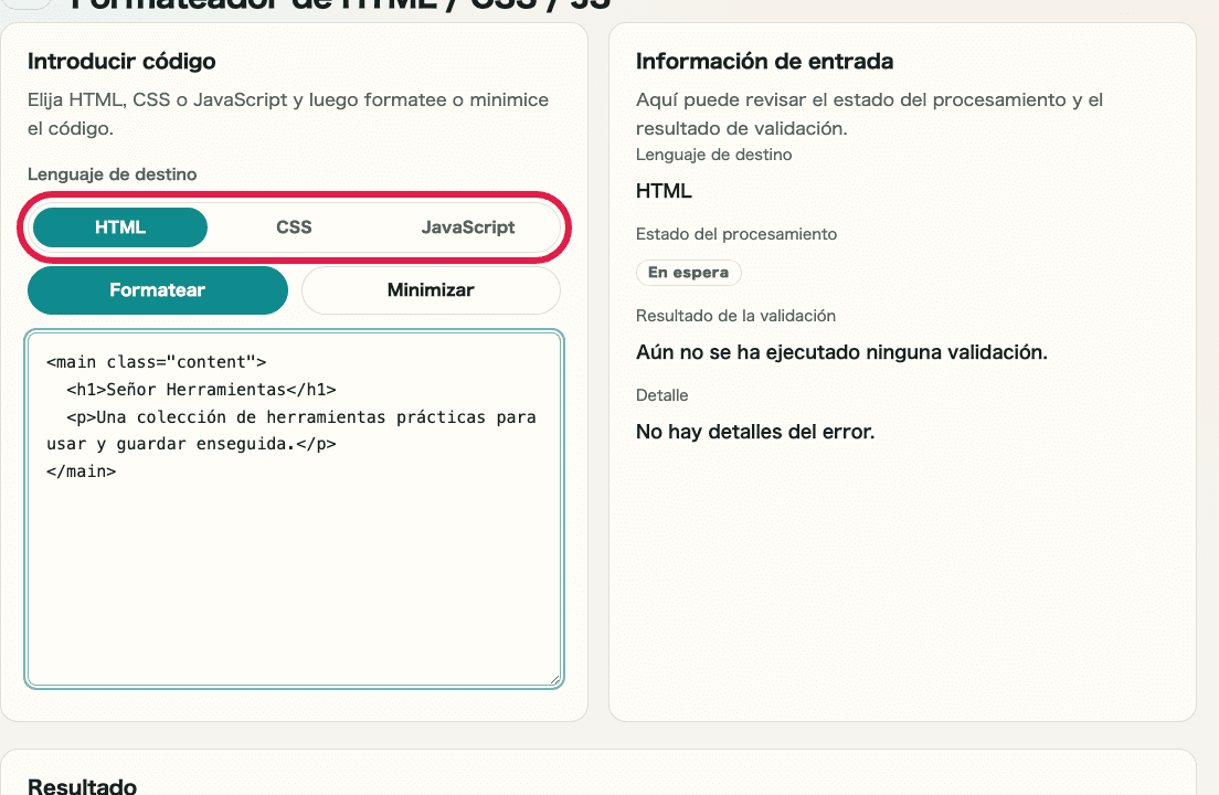 Imagen recortada de la pantalla de entrada en Formateador de HTML / CSS / JS mostrando las pestañas de lenguaje, el área de entrada y la información de entrada