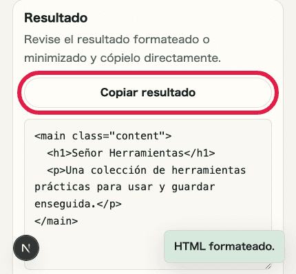Imagen móvil recortada de la acción de copiar resultado en Formateador de HTML / CSS / JS