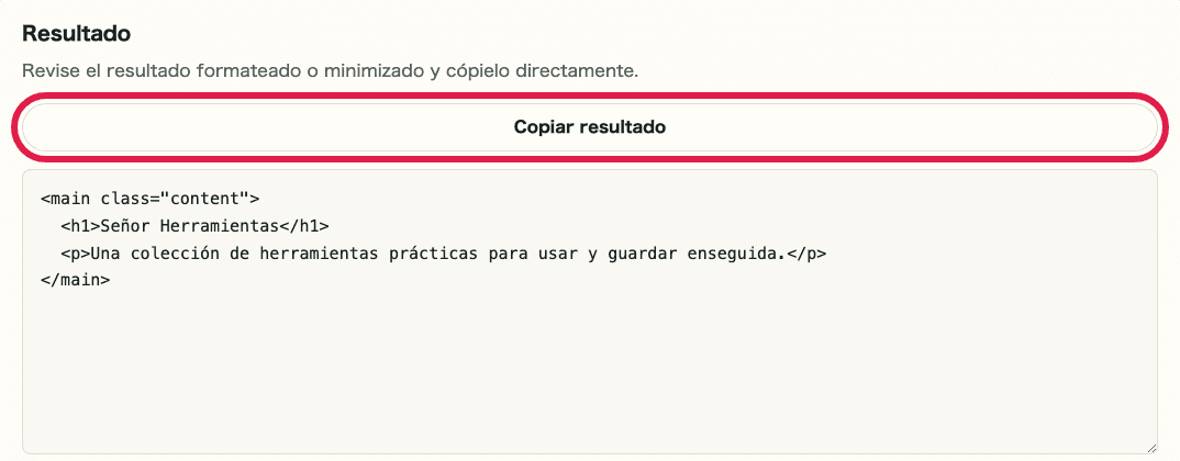 Imagen recortada de la acción de copiar resultado en Formateador de HTML / CSS / JS