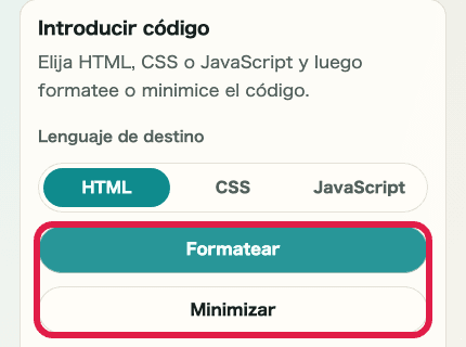 Imagen móvil recortada de los botones de formatear y minimizar en Formateador de HTML / CSS / JS