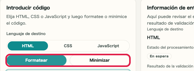 Imagen recortada de los botones de formatear y minimizar en Formateador de HTML / CSS / JS