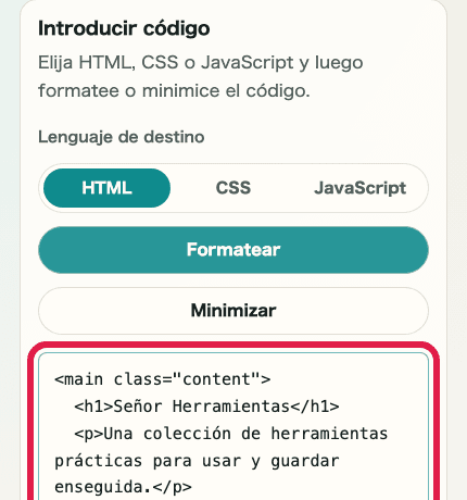 Imagen móvil recortada del área de entrada de código en Formateador de HTML / CSS / JS