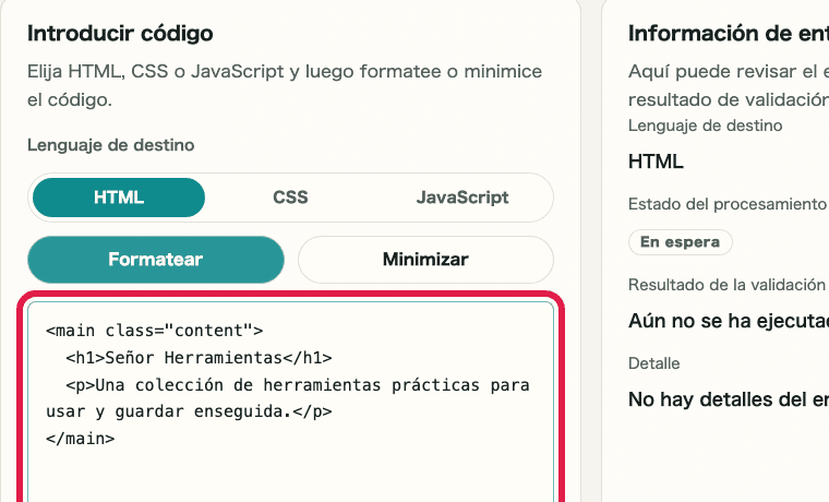 Imagen recortada del área de entrada de código en Formateador de HTML / CSS / JS