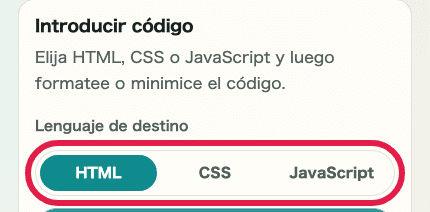 Imagen móvil recortada de las pestañas de lenguaje de destino en Formateador de HTML / CSS / JS