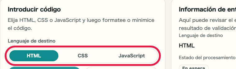 Imagen recortada de las pestañas de lenguaje de destino en Formateador de HTML / CSS / JS