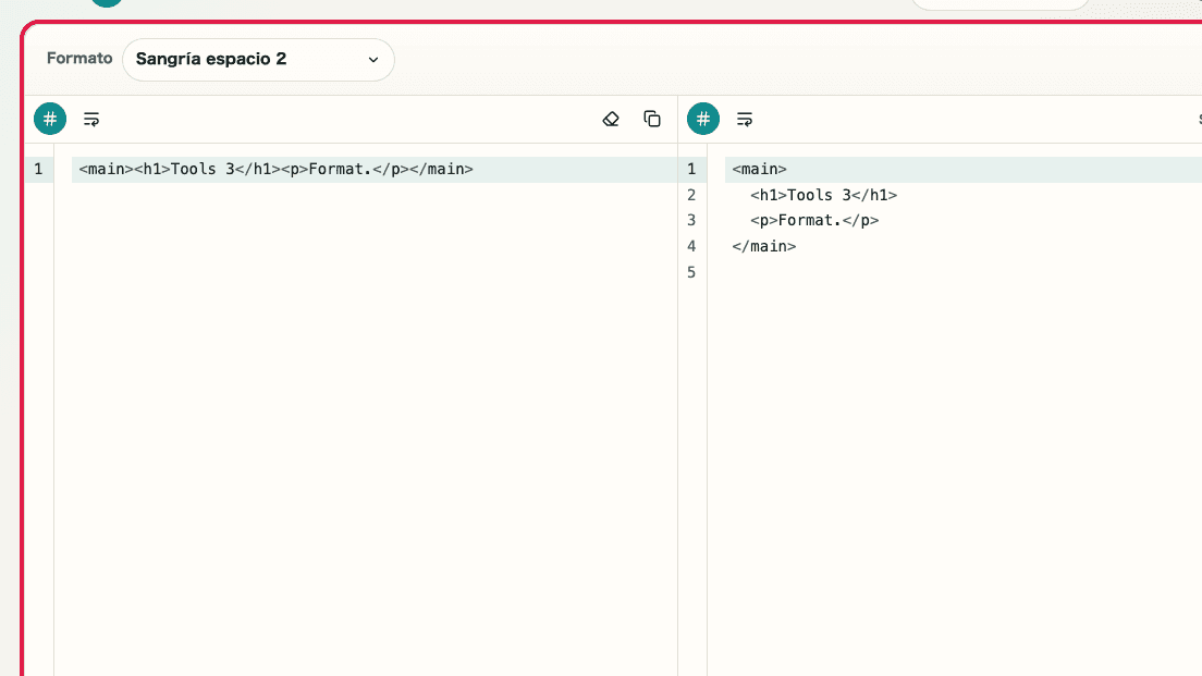 Pantalla que muestra Zona de formateo y compresión en Formateador HTML