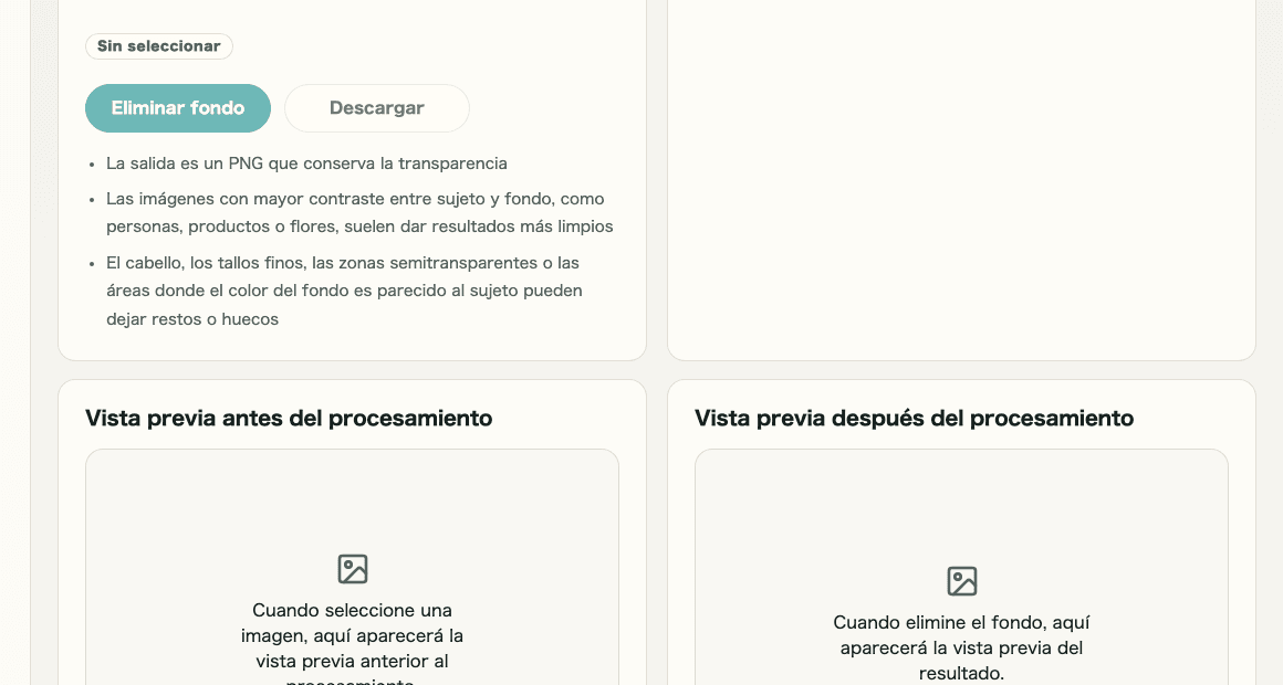 Imagen recortada del área de ajustes y de la información de entrada en Eliminación de fondo de imagen mostrando la selección de archivo y la información de entrada