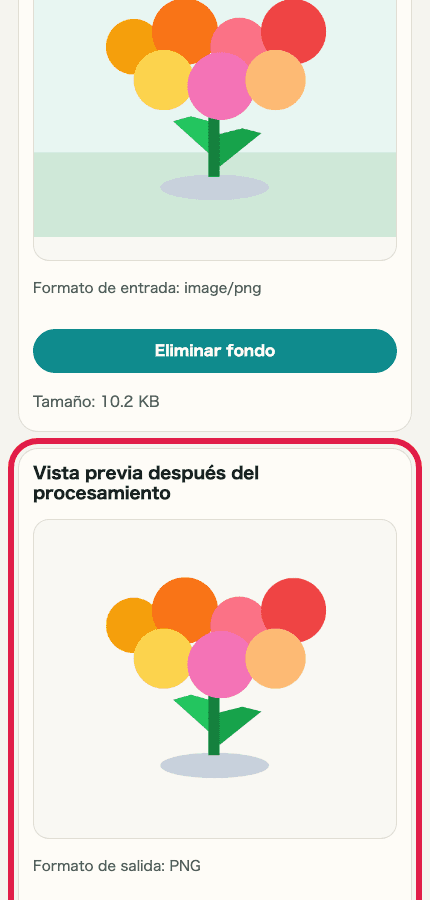 Imagen móvil recortada de la vista previa antes y después en Eliminación de fondo de imagen mostrando dónde revisar el resultado