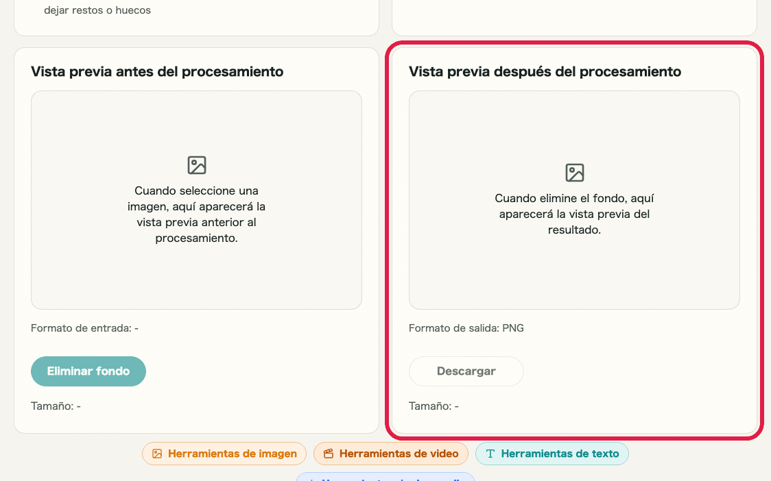 Imagen recortada de la vista previa antes y después en Eliminación de fondo de imagen mostrando dónde revisar el resultado