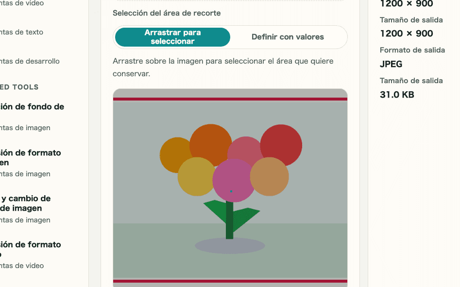 Captura recortada de la pantalla de edición en Recorte y cambio de tamaño de imagen mostrando la selección de imagen y los controles de recorte
