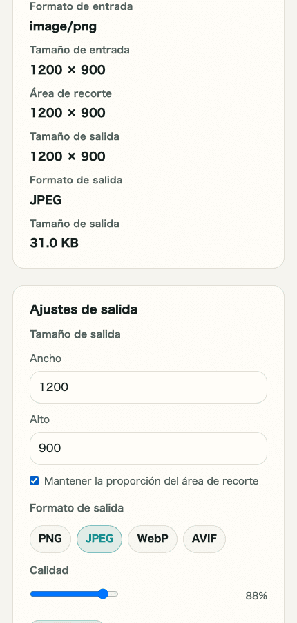Captura móvil recortada de la vista previa procesada en Recorte y cambio de tamaño de imagen mostrando dónde revisar el resultado antes de guardar