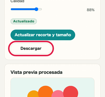 Vista móvil recortada que muestra el botón de descarga en Recorte y cambio de tamaño de imagen