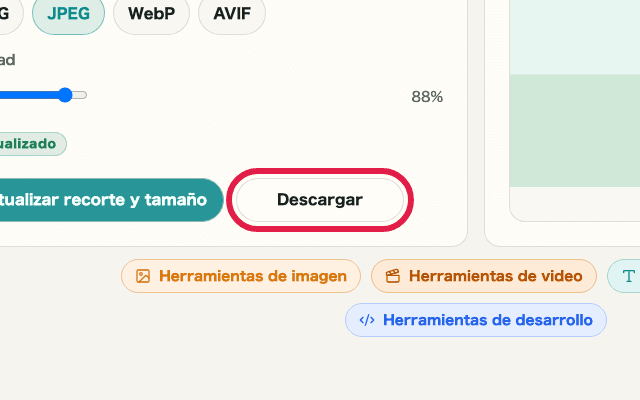 Vista recortada que muestra el botón de descarga en Recorte y cambio de tamaño de imagen