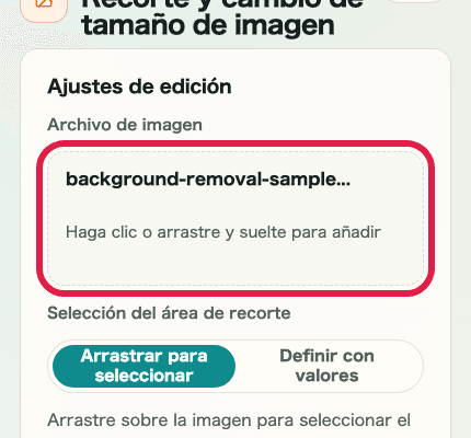 Vista móvil recortada que muestra el área de selección de archivo en Recorte y cambio de tamaño de imagen