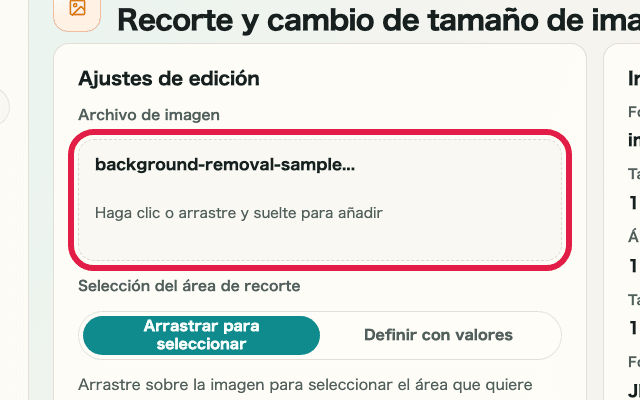 Vista recortada que muestra el área de selección de archivo en Recorte y cambio de tamaño de imagen