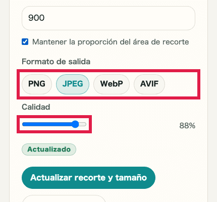 Vista móvil recortada que muestra la configuración de formato y calidad en Recorte y cambio de tamaño de imagen