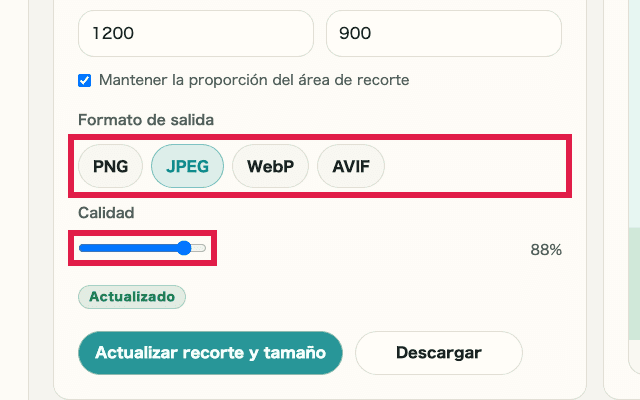 Vista recortada que muestra la configuración de formato y calidad en Recorte y cambio de tamaño de imagen
