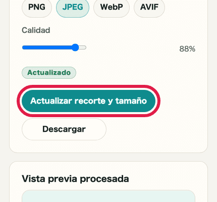 Vista móvil recortada que muestra el botón de actualización en Recorte y cambio de tamaño de imagen