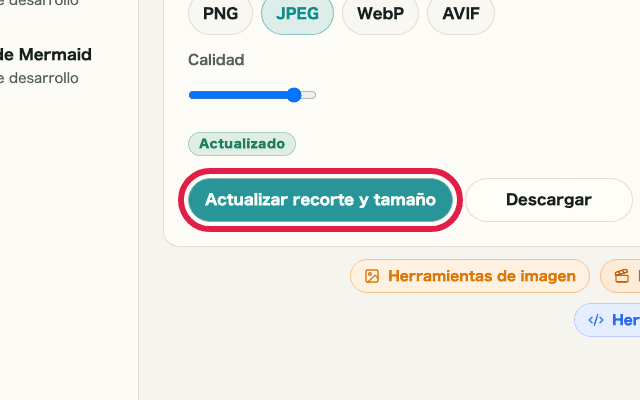 Vista recortada que muestra el botón de actualización en Recorte y cambio de tamaño de imagen