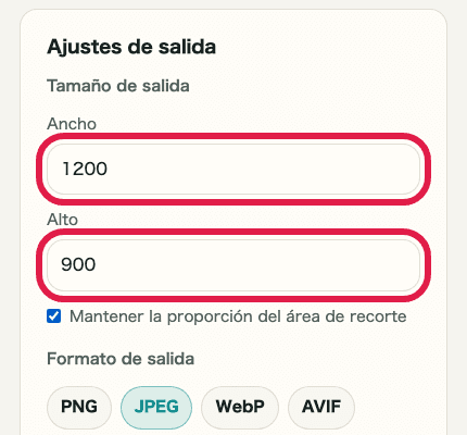 Vista móvil recortada que muestra los campos de tamaño de salida en Recorte y cambio de tamaño de imagen