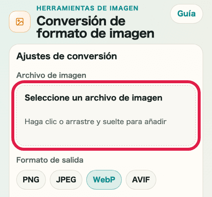Captura móvil recortada de los ajustes de conversión en Conversión de formato de imagen mostrando el área de selección del archivo de imagen
