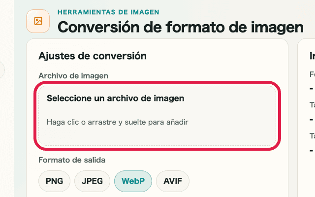 Captura recortada de los ajustes de conversión en Conversión de formato de imagen mostrando el área de selección del archivo de imagen