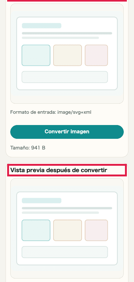 Captura móvil recortada del área de vista previa antes y después en Conversión de formato de imagen mostrando dónde revisar el resultado