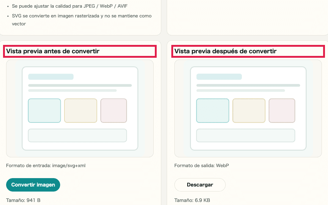 Captura recortada del área de vista previa antes y después en Conversión de formato de imagen mostrando dónde revisar el resultado