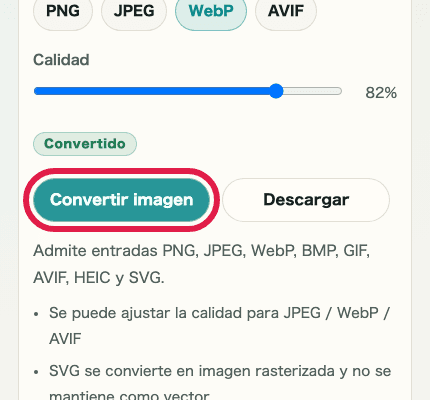 Vista móvil recortada que muestra solo el botón de convertir en Conversión de formato de imagen