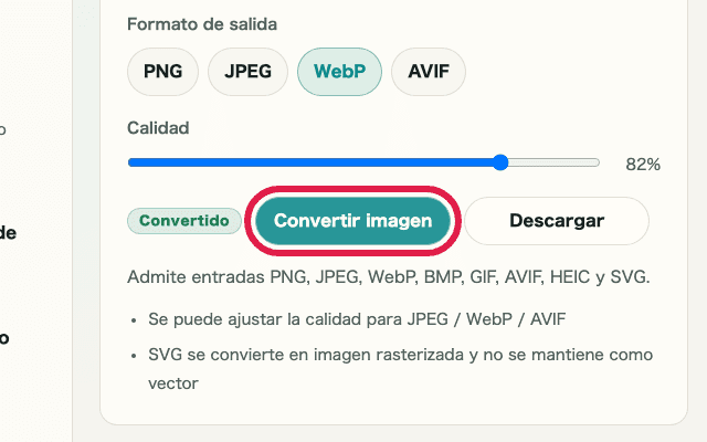 Vista recortada que muestra solo el botón de convertir en Conversión de formato de imagen