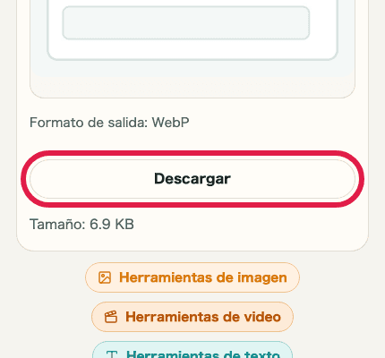 Vista móvil recortada que muestra solo el botón de descarga en Conversión de formato de imagen