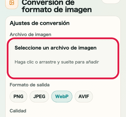 Vista móvil recortada que muestra solo el área de selección de archivo de imagen en Conversión de formato de imagen