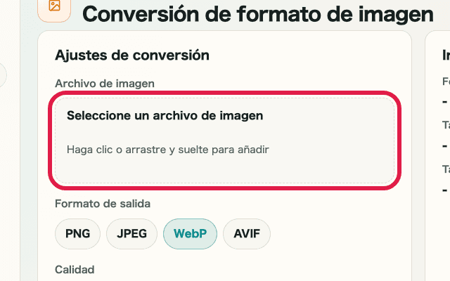Vista recortada que muestra solo el área de selección de archivo de imagen en Conversión de formato de imagen
