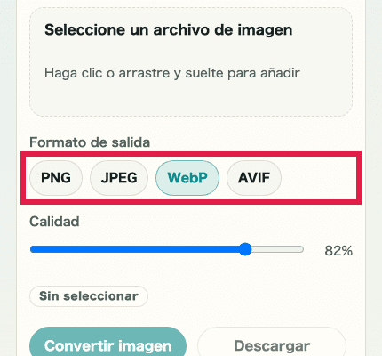 Vista móvil recortada que muestra solo el selector de formato de salida en Conversión de formato de imagen