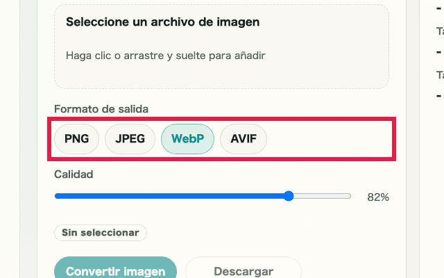 Vista recortada que muestra solo el selector de formato de salida en Conversión de formato de imagen