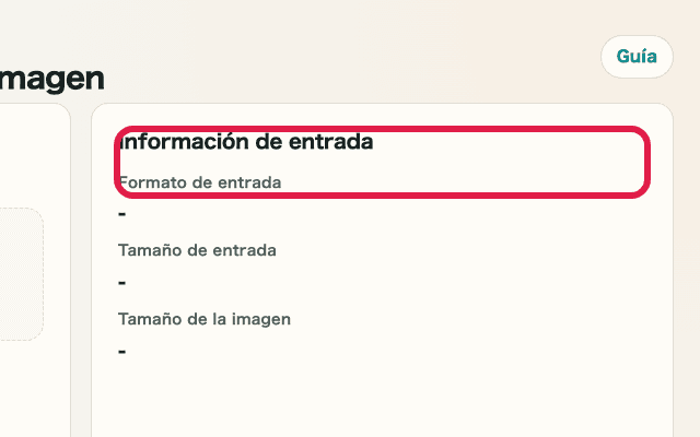 Vista recortada que muestra solo la información de entrada en Conversión de formato de imagen