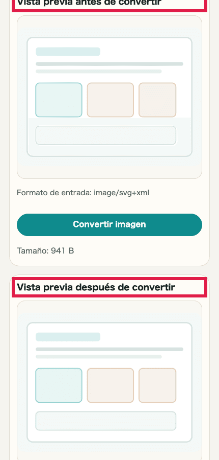 Vista móvil recortada que muestra solo las vistas previas de antes y después en Conversión de formato de imagen