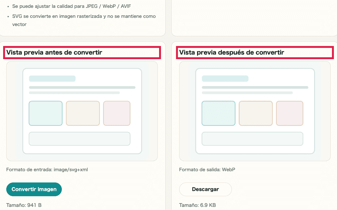 Vista recortada que muestra solo las vistas previas de antes y después en Conversión de formato de imagen